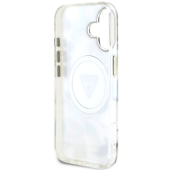 Etui Guess Glitter Flowers Triangle      Buttons MagSafe do iPhone 16 biały