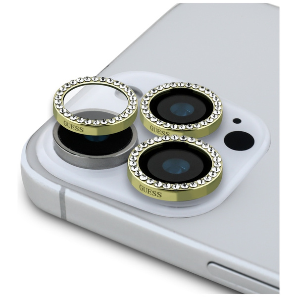 Zestaw 2w1 Guess BP Rhinestone szkło na  ekran i obiektyw aparatu do iPhone 16 Pro Max złoty