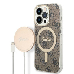 Zestaw Guess GUBPP14LH4EACSW Case+Charger iPhone 14 Pro 6,1" brązowy/brown hard case 4G Print MagSafe