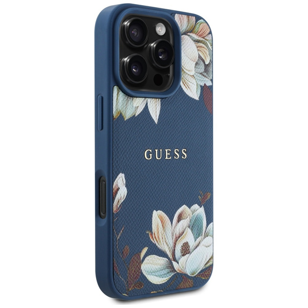 Etui Guess Grained Printed Flower        Pattern MagSafe do iPhone 16 Pro niebieski