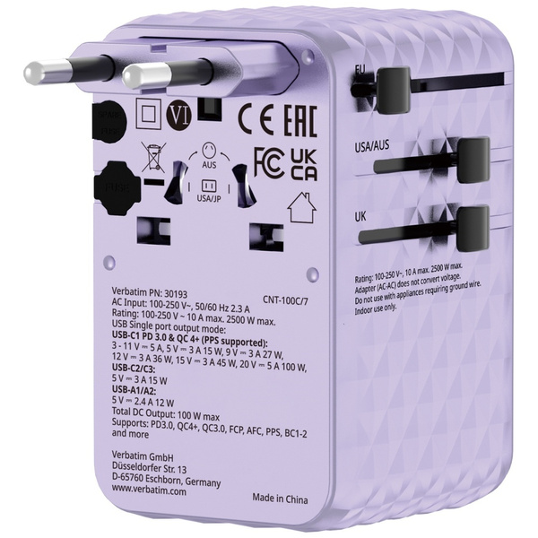 Verbatim Adapter podróżny EU/UK/US GaN   2xUSB-C/2xUSB-A/1xUSB-C PD 100W fioletowy 30193
