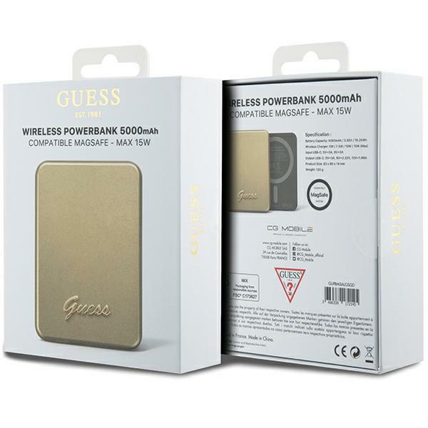Guess Powerbank indukcyjny 15WGUPBM5ALGSGD 5000mAh złoty/gold MagSafe Metal Script Logo