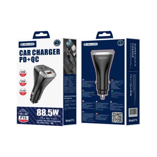 JELLICO car charger F15 PD 88,5W 2xUSB-C + 1xUSB QC3.0 Black