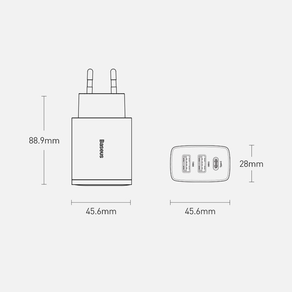 Baseus ładowarka sieciowa Compact PD 30W 1x USB-C 2x USB biała