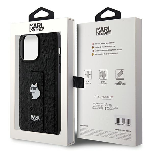 Etui Karl Lagerfeld Gripstand Saffiano Choupette Pins na iPhone 13 Pro Max - czarne