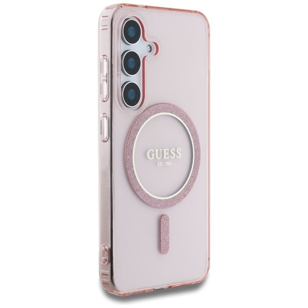 Etui Guess Glitter Circle Classic Logo   MagSafe do Samsung Galaxy S25 różowy