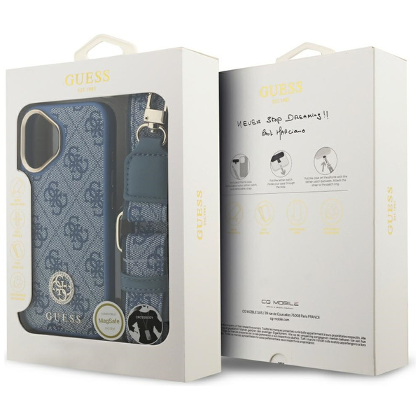 Etui Guess 4G Strass Logo & Big Strap    Metal Buttons MagSafe do iPhone 17 niebieski