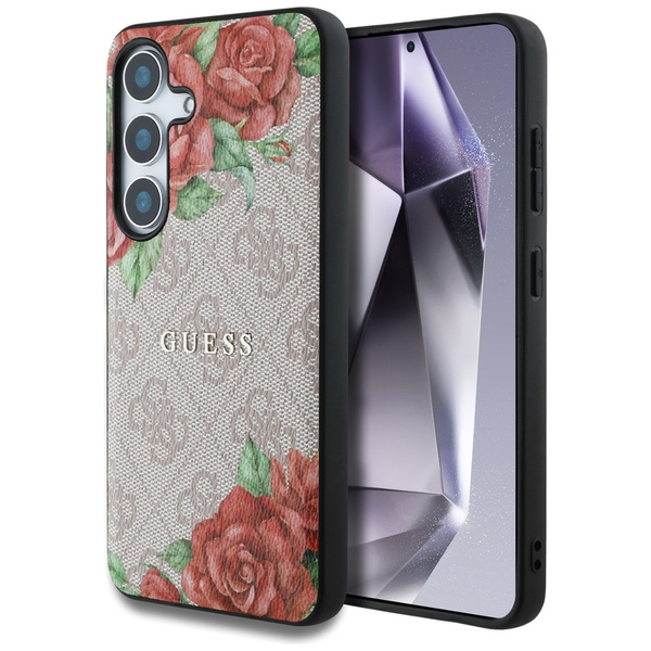 Etui Guess Leather 4G Flowers Print      Metal Classic Logo MagSafe Samsung Galaxy S25 różowy