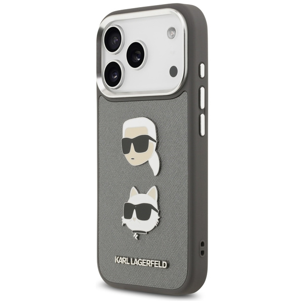 Etui Karl Lagerfeld FW Grained Karl &    Choupette Heads Pins & Logo do iPhone 17 Pro szary