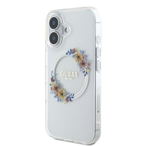 Guess GUHMP16SHFWFCT iPhone 16 6.1" przeźroczysty/transparent hardcase IML Flowers Wreath MagSafe