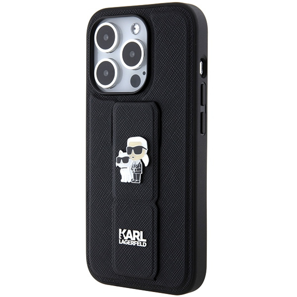 Karl Lagerfeld Gripstand Saffiano Karl&amp;Choupette Pins case for iPhone 14 Pro Max - black