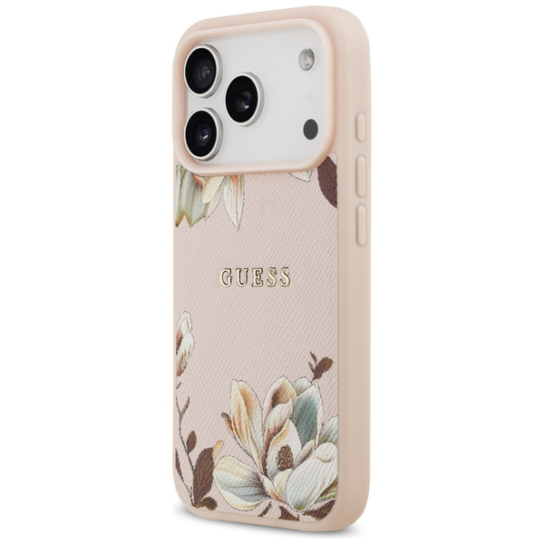Etui Guess Grained Flowers Classic Logo MagSafe do iPhone 17 Pro Max różowy