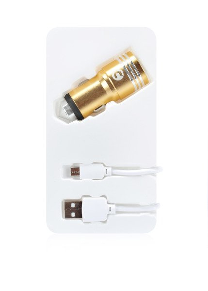 (4514) MOCOLO CAR CHARGER 2XUSB FAST CHARGER GOLD LOADER + MICRO USB CABLE WHITE