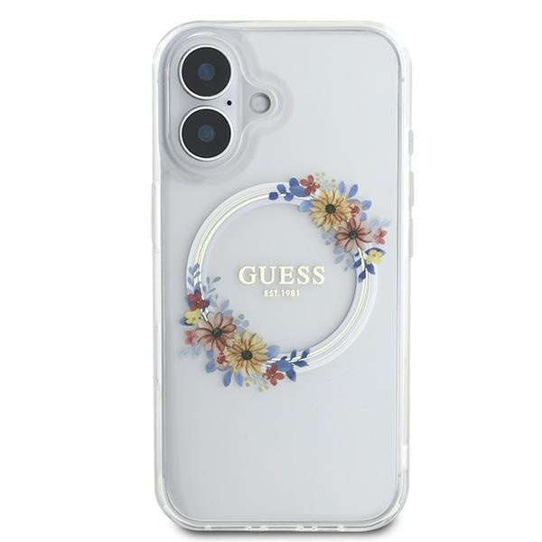 Guess GUHMP16SHFWFCT iPhone 16 6.1" przeźroczysty/transparent hardcase IML Flowers Wreath MagSafe