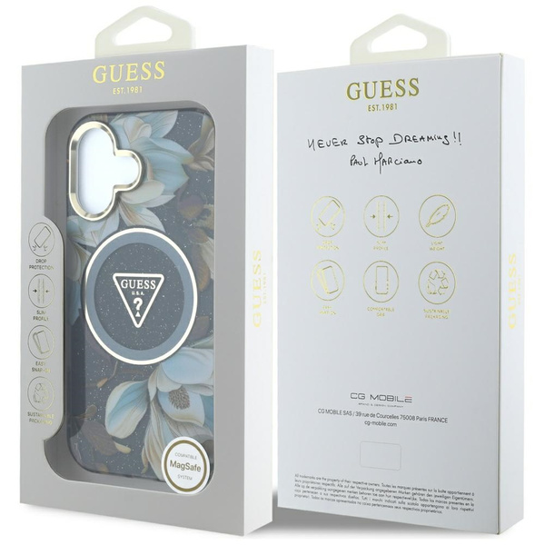 Etui Guess Glitter Flowers Triangle      Buttons MagSafe do iPhone 16 czarny