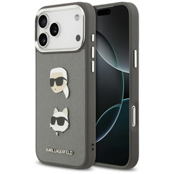 Etui Karl Lagerfeld FW Grained Karl & Choupette Heads Pins & Logo do iPhone 17 Pro Max szary