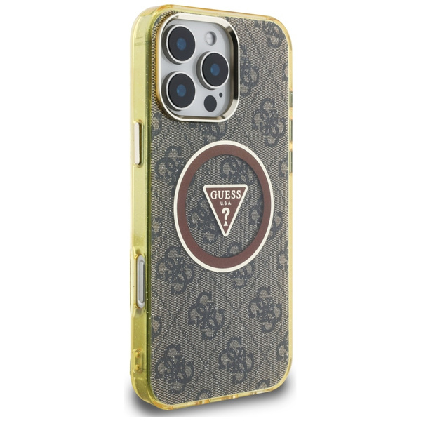 Etui Guess IML Metal Glitter 4G Circle   Triangle MagSafe do iPhone 16 Pro Max brązowy