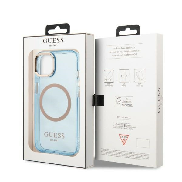 Guess GUHMP13MHTCMB iPhone 13 / 14 / 15 6.1" niebieski/blue hard case Gold Outline Translucent MagSafe