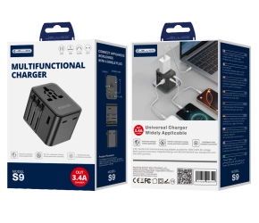 JELLICO uniwersalny adapter podróżny S9 PD 2xUSB-C + 1xUSB 3.4A Max 2500W Czarny