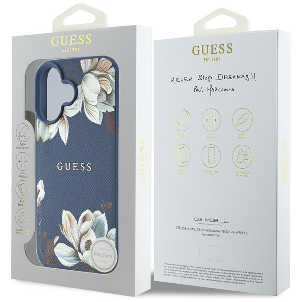 Etui Guess Grained Printed Flower        Pattern MagSafe do iPhone 16 niebieski