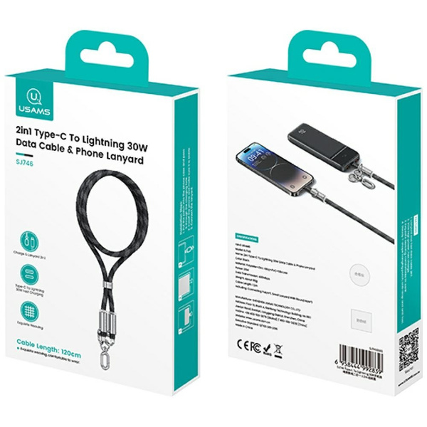 Smycz do telefonu z kablem do ładowania  Usams SJ746 30W USB-C do Lightning 1.2m niebieski