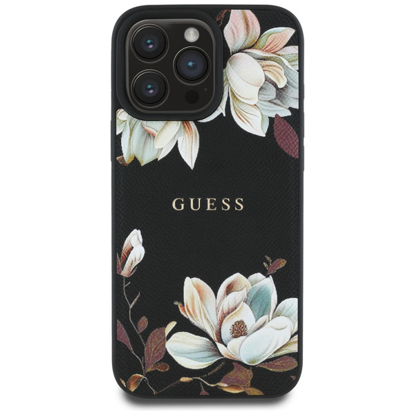 Etui Guess Grained Printed Flower        Pattern MagSafe do iPhone 16 Pro Max czarny