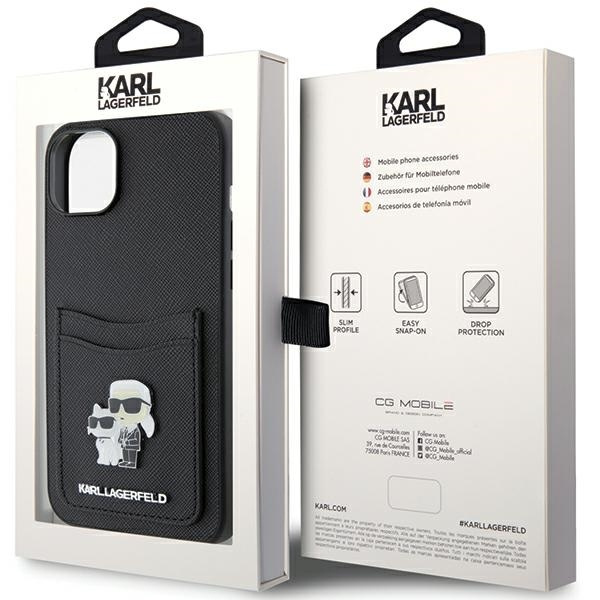 Karl Lagerfeld Saffiano Cardslot Karl&amp;Choupette Metal Pin case for iPhone 15 - black