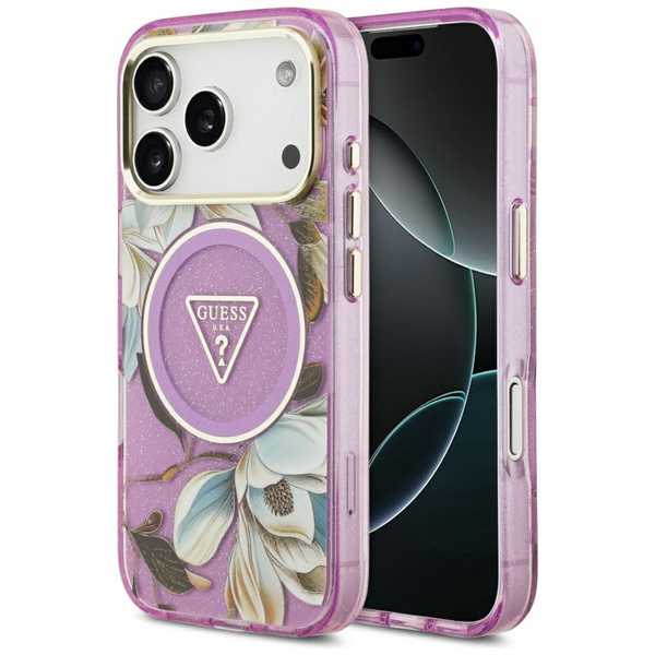 Etui Guess IML Glitter Flowers Triangle  MagSafe do iPhone 17 Pro Max fioletowy