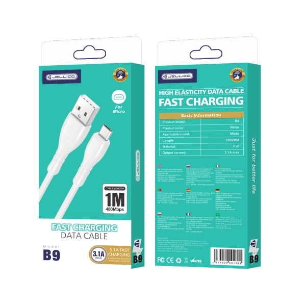 JELLICO kabel B9 Micro USB 3.1A 1M Biały