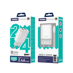 JELLICO ładowarka sieciowa EU02 2.4A 12W 2xUSB + kabel Lightning Biały