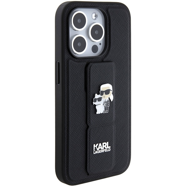Karl Lagerfeld Gripstand Saffiano Karl&amp;Choupette Pins case for iPhone 15 Pro Max - black