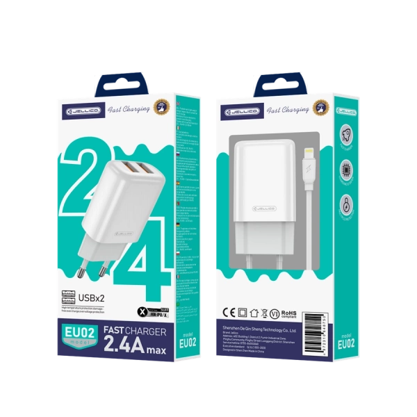 JELLICO ładowarka sieciowa EU02 2.4A 12W 2xUSB + kabel Lightning Biały