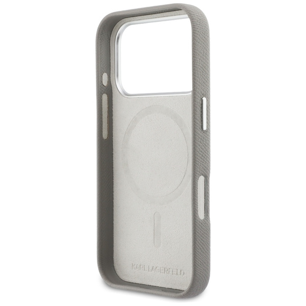 Etui Karl Lagerfeld Karl & Choupette Head Pins Saffiano MagSafe do iPhone 17 Pro szary