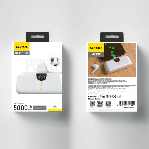 Powerbank Dudao K20SC 5000mAh mini 2x USB-C - white