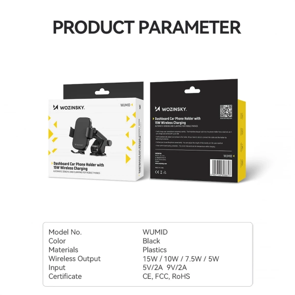 Wozinsky WUMID Phone Holder with 15W Inductive Charger for Car Dashboard - Black