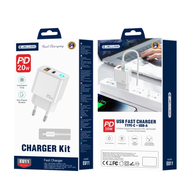 JELLICO wall charger EU11 PD 20W 1xUSB-C + 1xUSB QC3.0 + cable USB-C - Lightning White