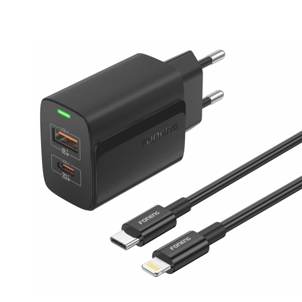FONENG wall charger EU66 PD 20W 1xUSB-C + 1xUSB QC3.0 + cable USB-C - Lightning Black
