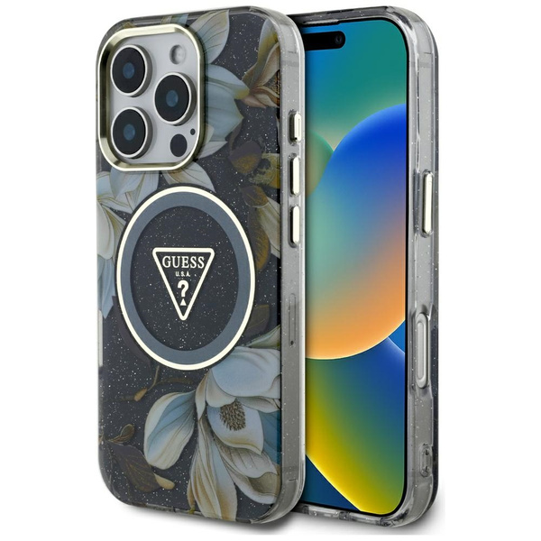 Etui Guess Glitter Flowers Triangle      Buttons MagSafe do iPhone 16 Pro czarny