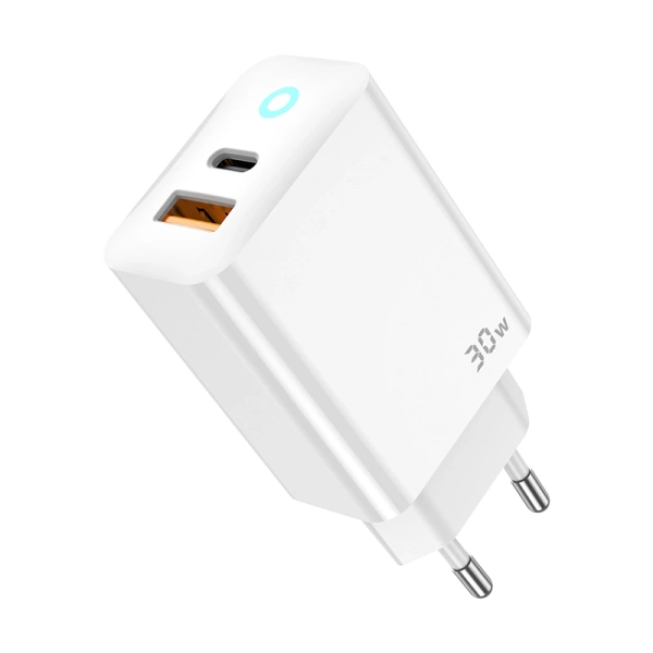 JELLICO wall charger EU13 GaN PD 30W 1xUSB-C + 1xUSB QC3.0 + cable USB-C - USB-C White