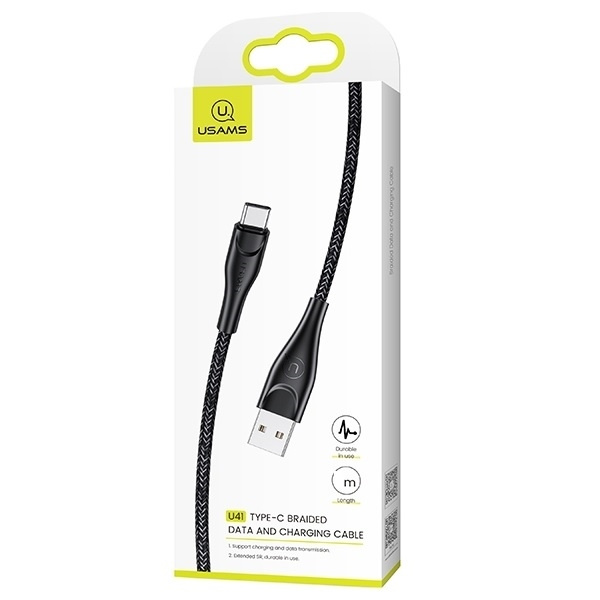 USAMS Kabel pleciony U41 USB-C 1m 2A czarny/black SJ392USB01 (US-SJ392) Fast Charge