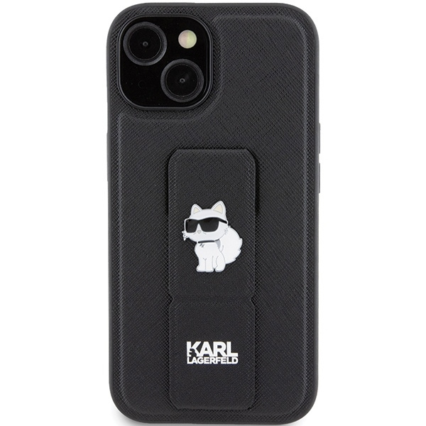 Etui Karl Lagerfeld Gripstand Saffiano Choupette Pins na iPhone 15 Plus / 14 Plus - czarne