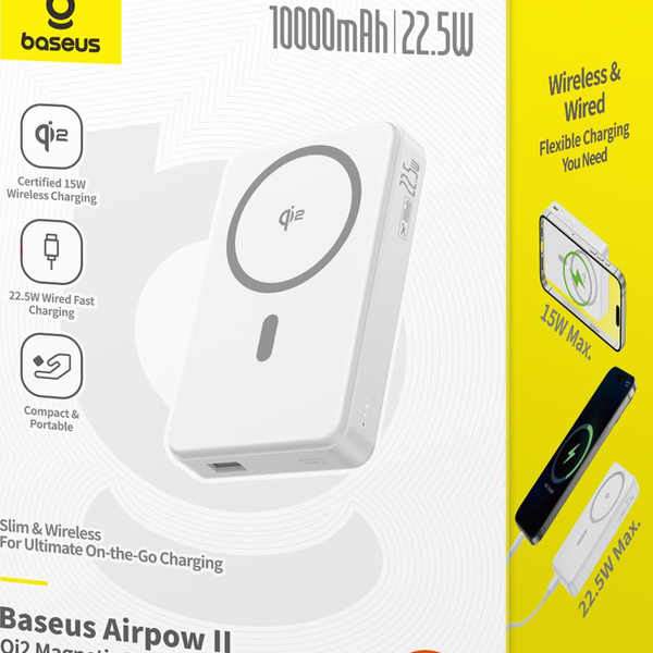 Baseus Powerbank magnetyczny Airpow ? Qi2 10000mAh 22.5W Biały (z kablem ładującym Simple Series Type-C do Type-C (20V/3A) 30 cm)