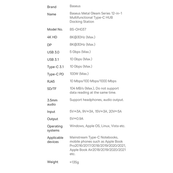 Baseus Metal Gleam wielofunkcyjny HUB USB Typ C 12w1 HDMI / DP / USB Typ C / minijack 3.5mm / RJ45 / SD (WKWG020213)