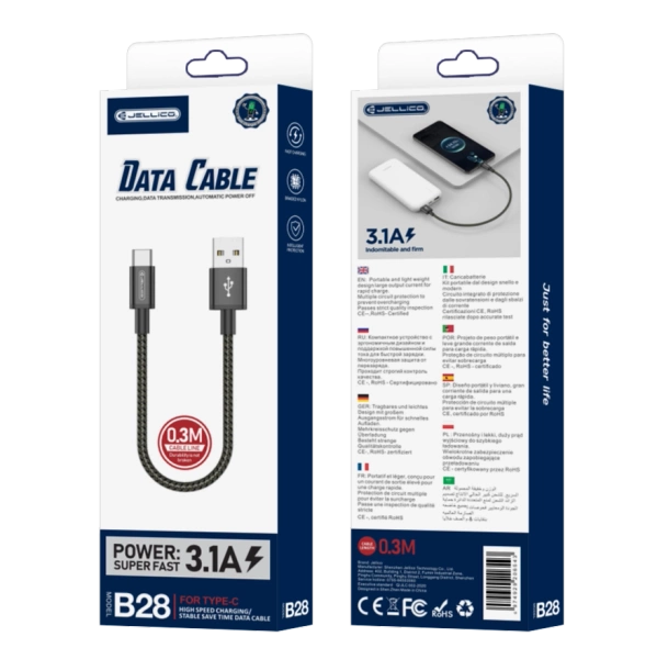 JELLICO kabel B28 USB-C 3.1A 0.3M Czarny