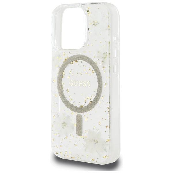 Etui Guess Resin Flowers Glitter MagSafe do iPhone 16 Pro Max beżowy