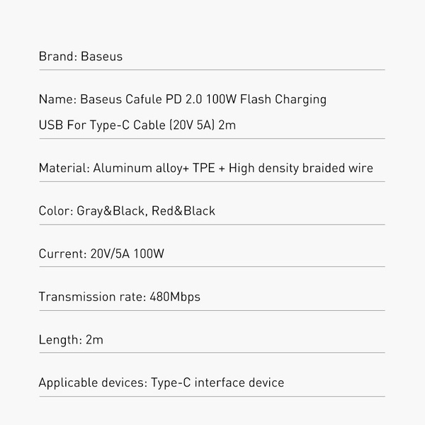 Baseus CATKLF-AL91 USB-C - USB-C PD QC cable 100W 5A 480Mb/s 2m - black and red