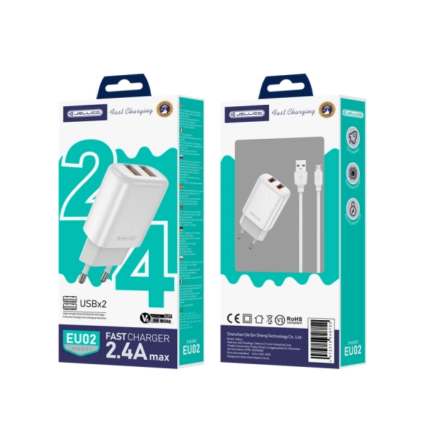 JELLICO ładowarka sieciowa EU02 2.4A 12W 2xUSB + kabel Micro Biały