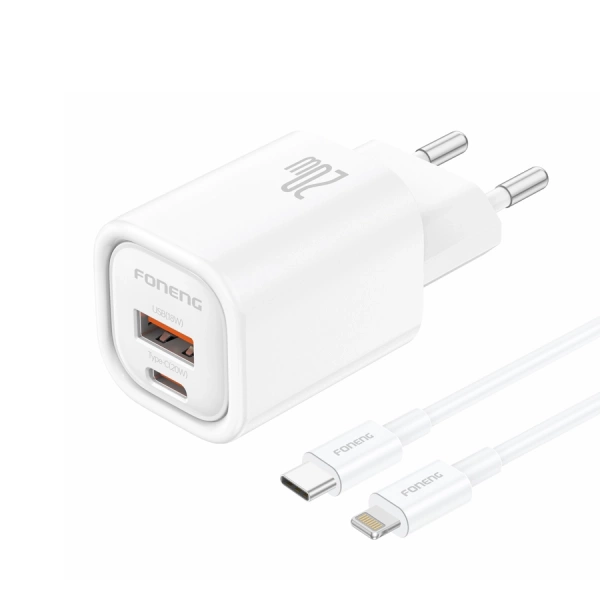 FONENG wall charger EU70 PD 20W 1xUSB-C + 1xUSB QC3.0 + cable USB-C - Lightning White