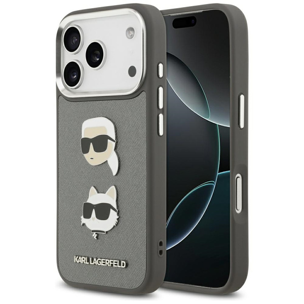 Etui Karl Lagerfeld FW Grained Karl &    Choupette Heads Pins & Logo do iPhone 17 Pro szary