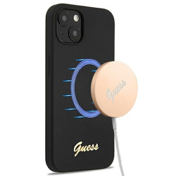 Guess GUHMP13MLSLMGBK iPhone 13 / 14 /6.1" black/czarny hardcase Silicone Script Gold Logo Magsafe